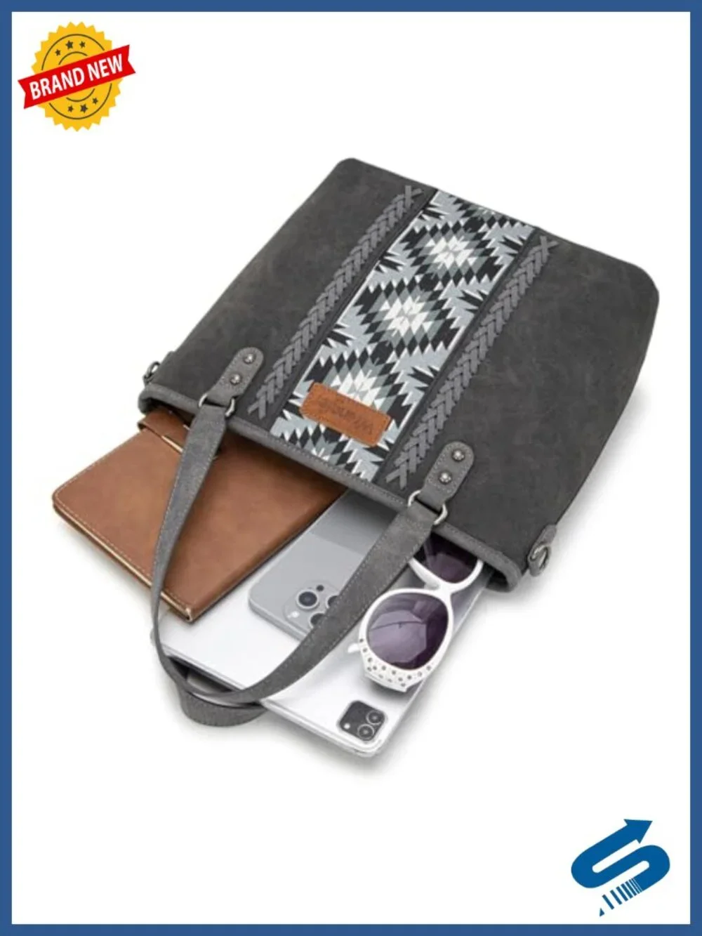 Faux Leather Western Tote Bag with Aztec Print Crossbody Strap